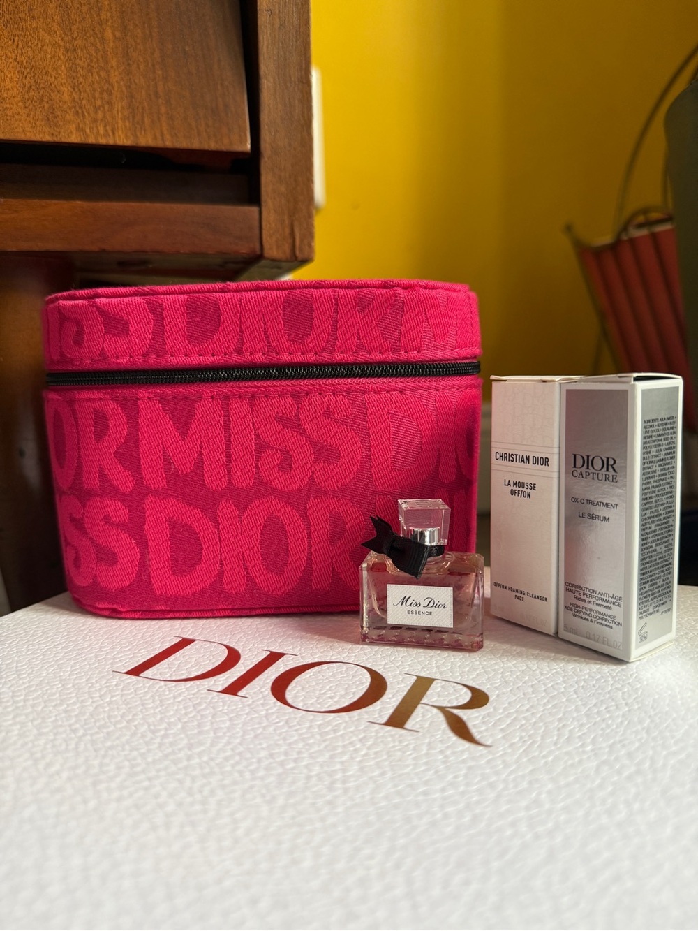 Dior Hot Pink Logo Train Case with Miss Dior Mini & Skincare Boxes